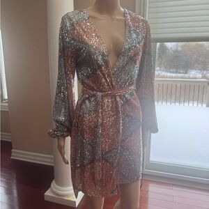 Glamorous Sequin Long Sleeve Dress in Silver and Orange
